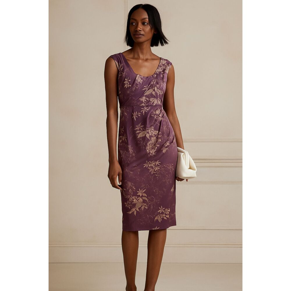 Nougat London Floral Midi Sheath Dress in Cream Purple Mauve US Size 4 NWOT